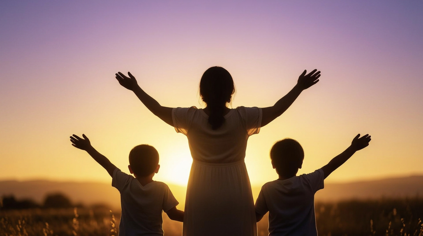 A woman and two children silhouetted against a warm sunrise, arms raised in hope